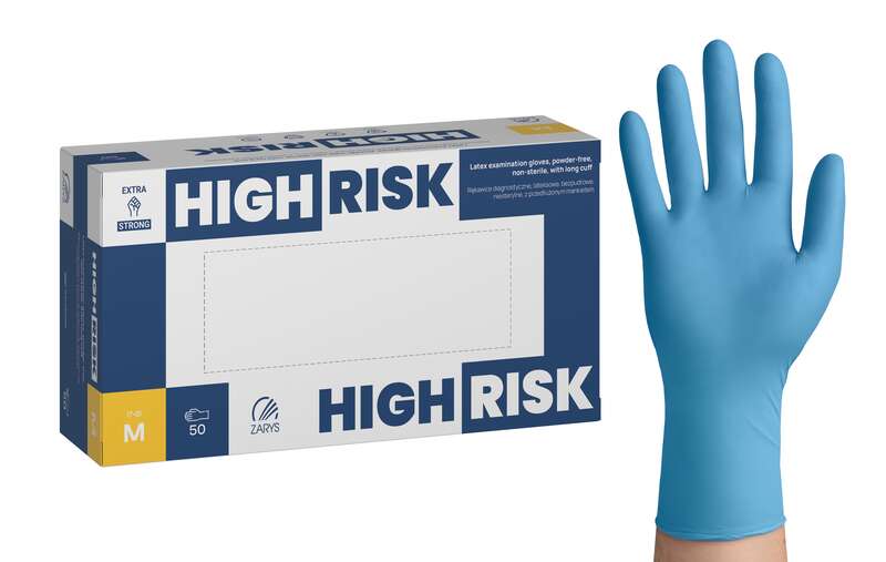 HIGH RISK Рукавички оглядові, латексні, без пудри, з довгою манжетою, нестерильні, розмір M, ZARYS